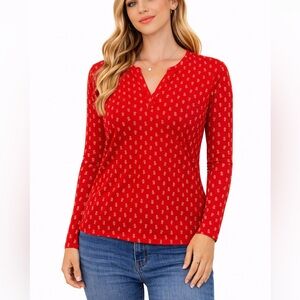 Pendleton Size Medium Red Long Sleeve VNeck Top with Floral Pattern